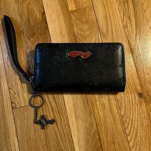 Ed Hardy Black and Red Embossed Wristlet